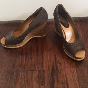 Brown Suede Peep-Toe Wedges